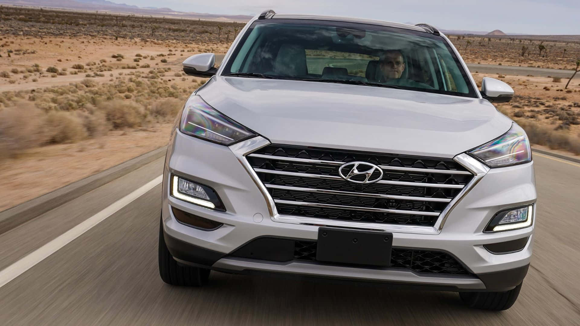 Hyundai Tucson, silver, desert highway, Full HD Desktop Wallpaper