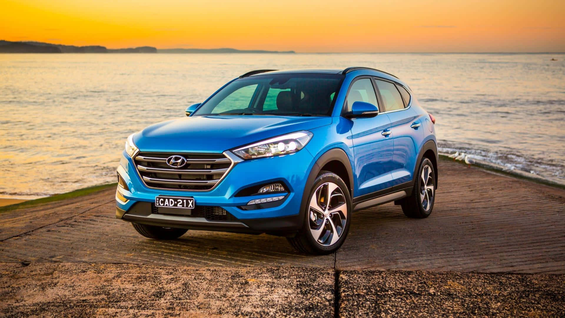 Hyundai Tucson, vibrant blue, wooden pier, Full HD Desktop Wallpaper