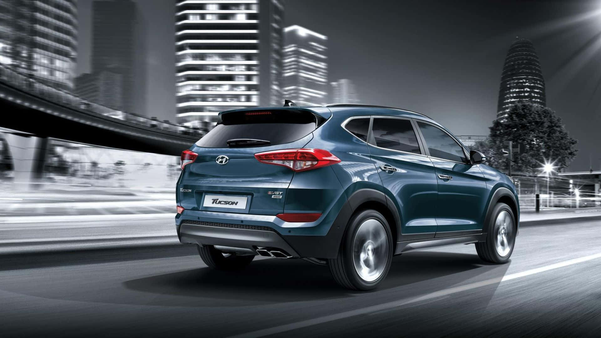 Hyundai Tucson, teal, nighttime cityscape, Full HD Desktop Wallpaper