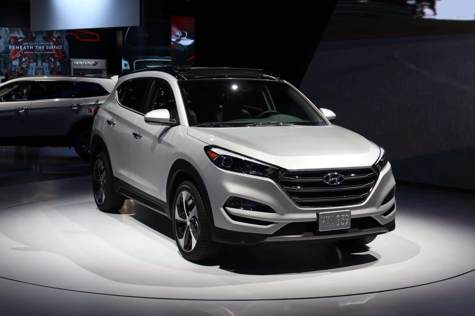 Hyundai Tucson, silver, circular platform, HD Desktop Wallpaper