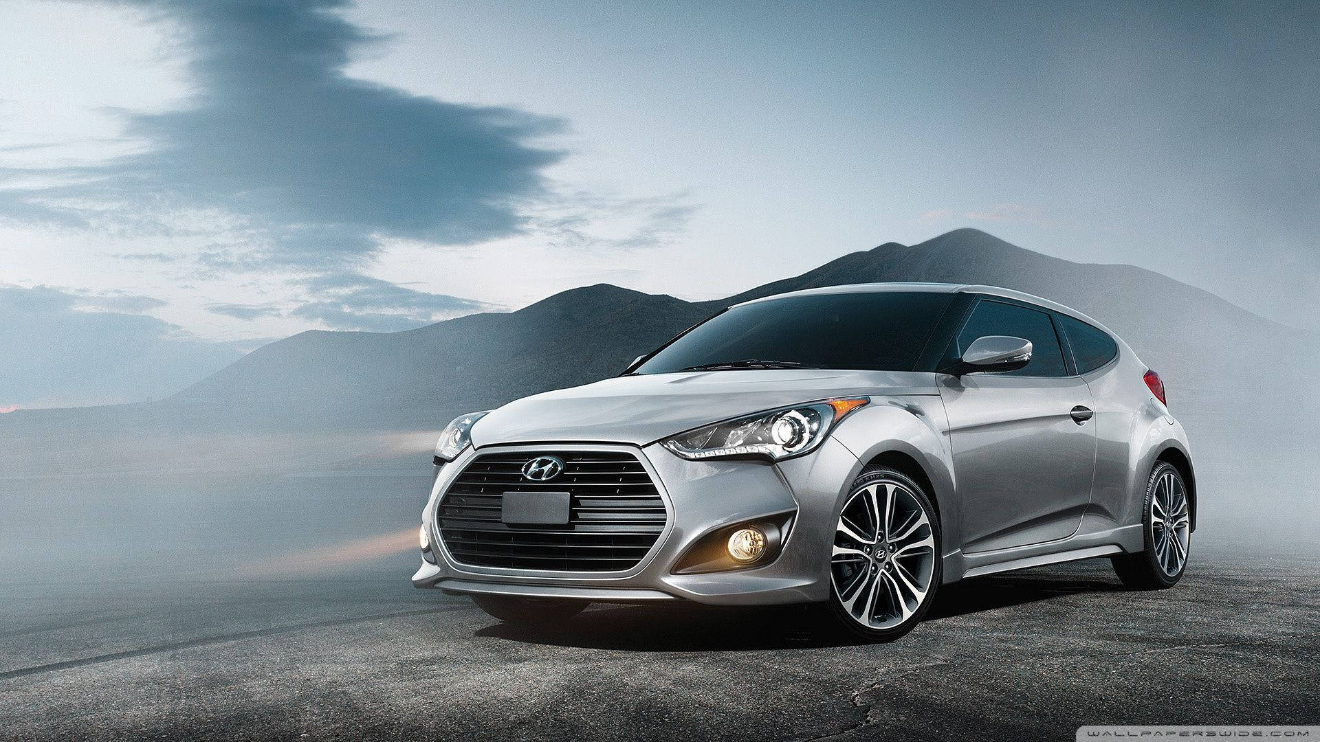 Hyundai Veloster, silver, misty road, Full HD Desktop Wallpaper
