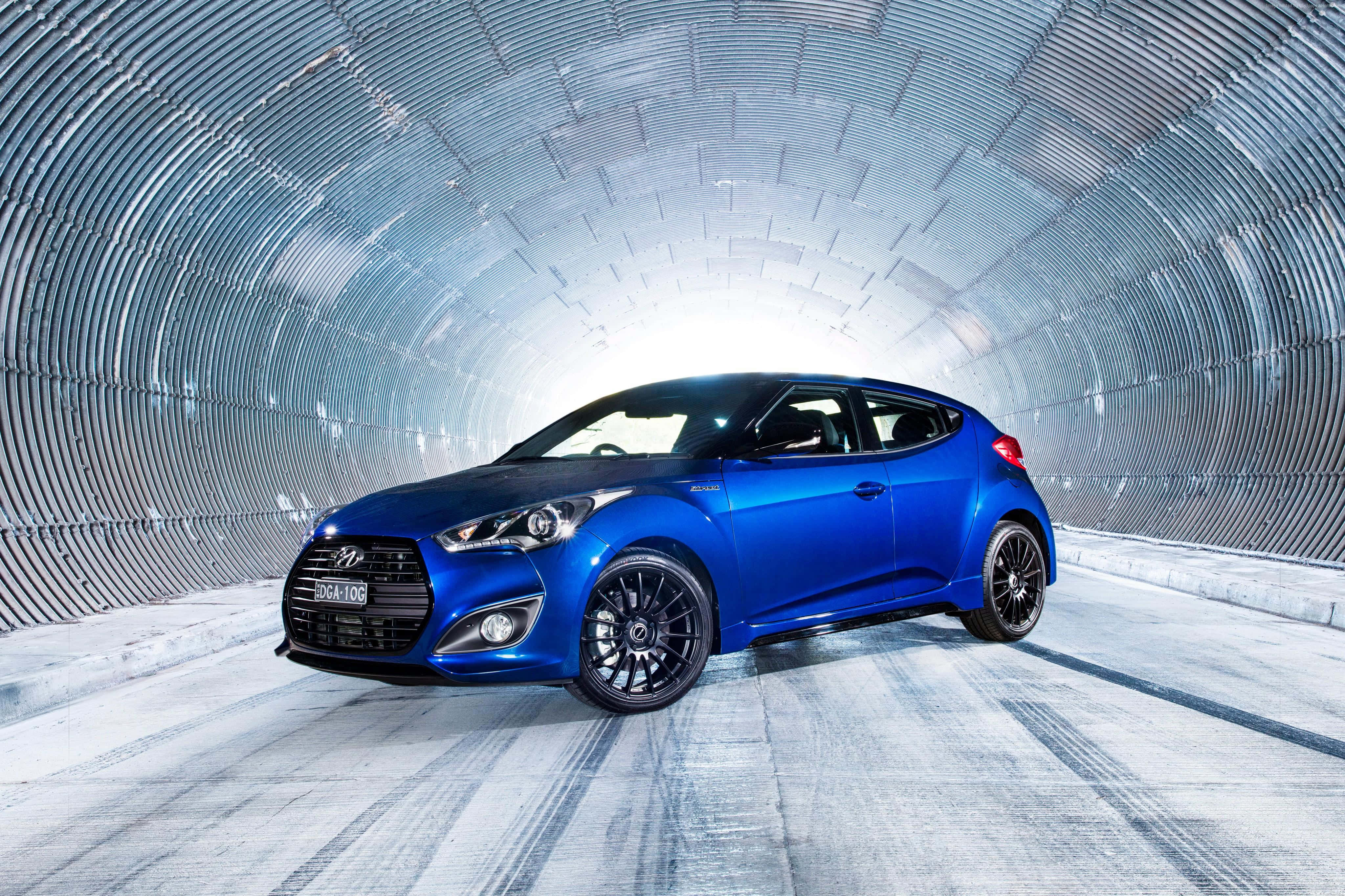 Hyundai Veloster, vibrant blue, metallic corrugated tunnel, 4K Desktop Wallpaper