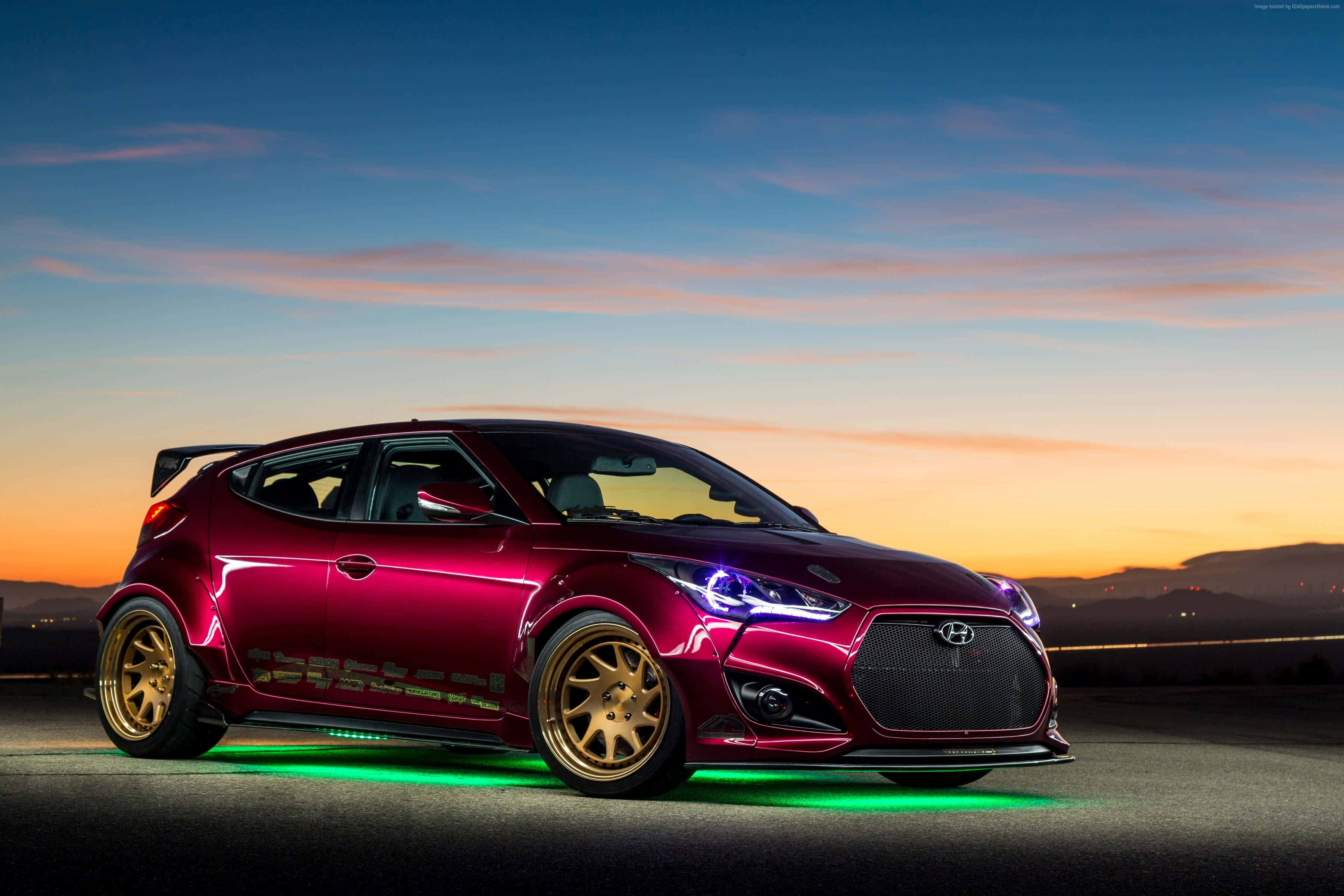 Hyundai Veloster, maroon, gold rims, 2K Desktop Wallpaper