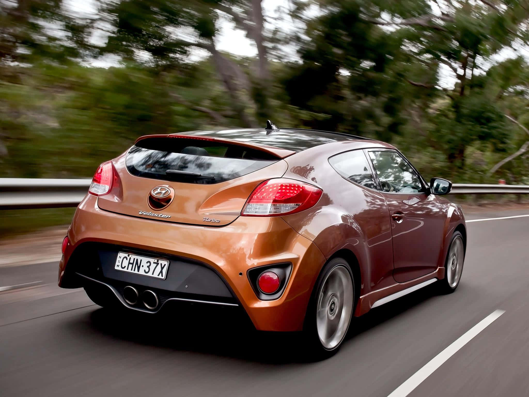 Hyundai Veloster, copper-colored, tree-lined road, Full HD Desktop Wallpaper