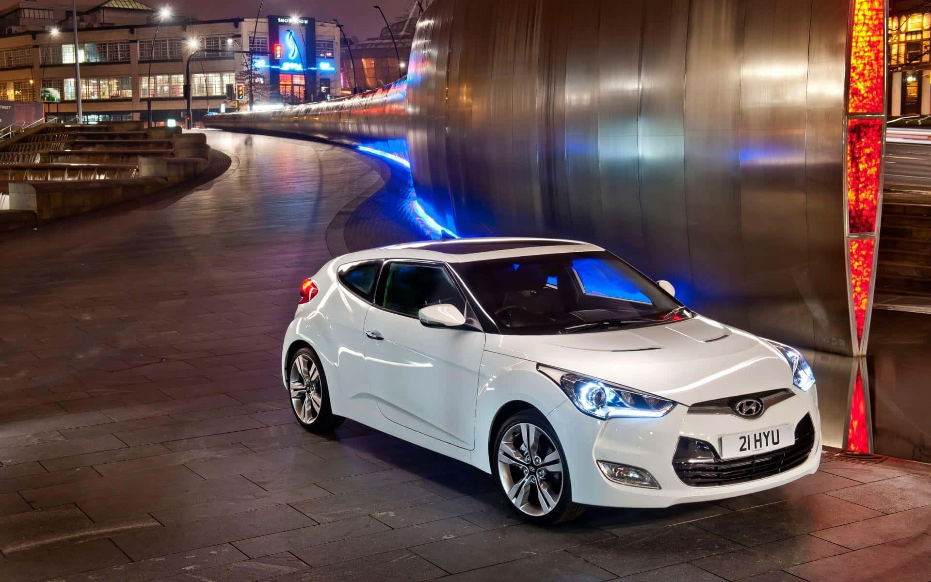 Hyundai Veloster, white, neon lights, Full HD Desktop Wallpaper