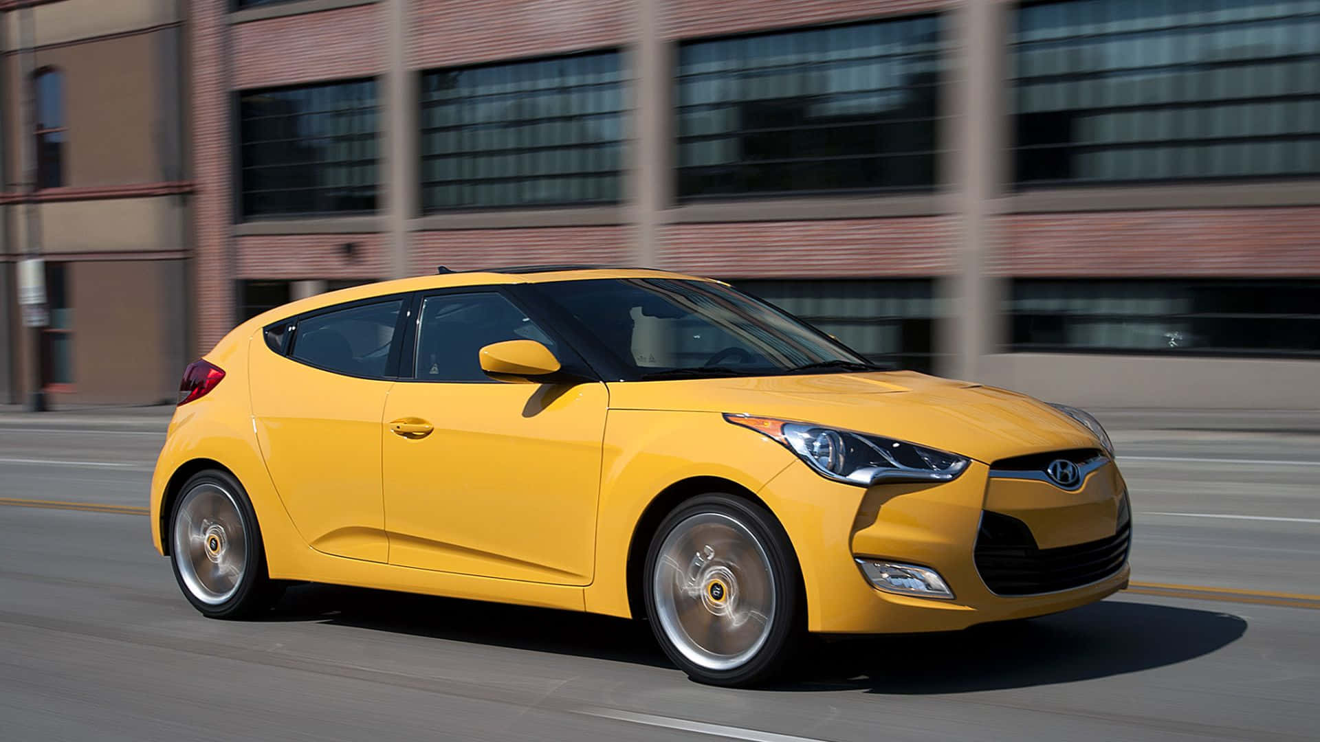 Hyundai Veloster, vibrant yellow, city street, Full HD Desktop Wallpaper