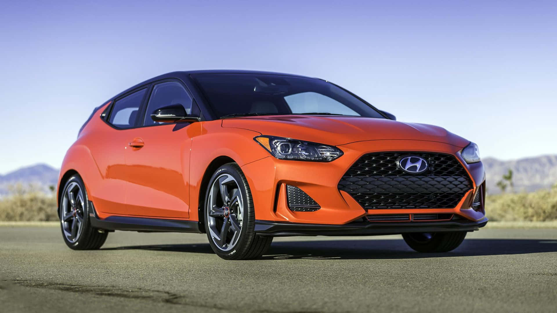 Hyundai Veloster N, vibrant orange, asphalt road, Full HD Desktop Wallpaper