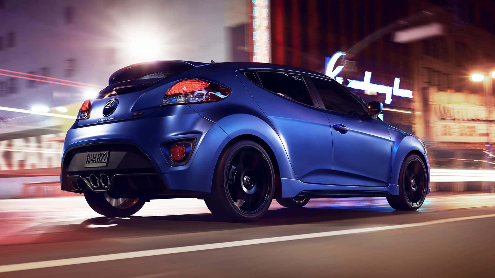 Hyundai Veloster, neon-lit city street, night, Full HD Desktop Wallpaper