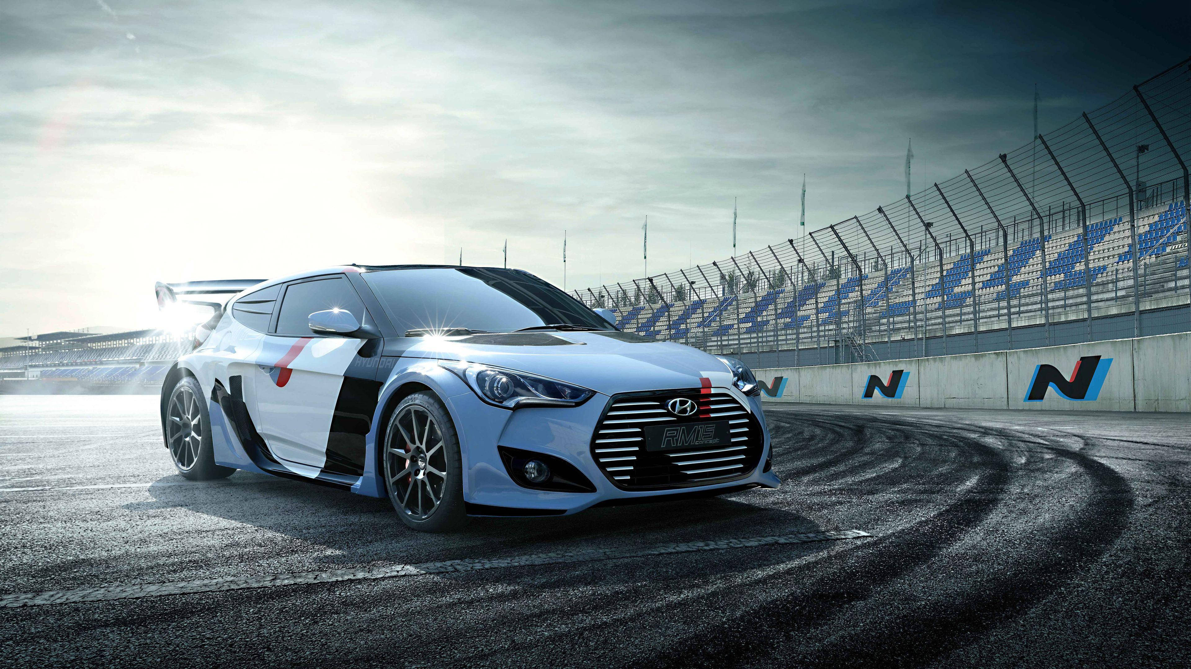 Hyundai Veloster N, sleek silver, drifts around a racetrack, 4K Desktop Wallpaper