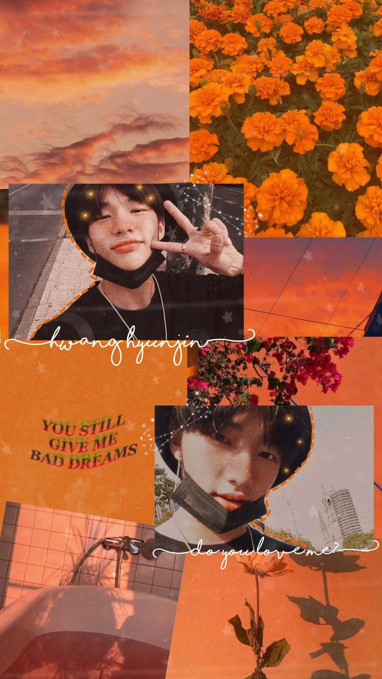 Hyunjin, orange marigolds, sunset skies, Full HD Phone Wallpaper