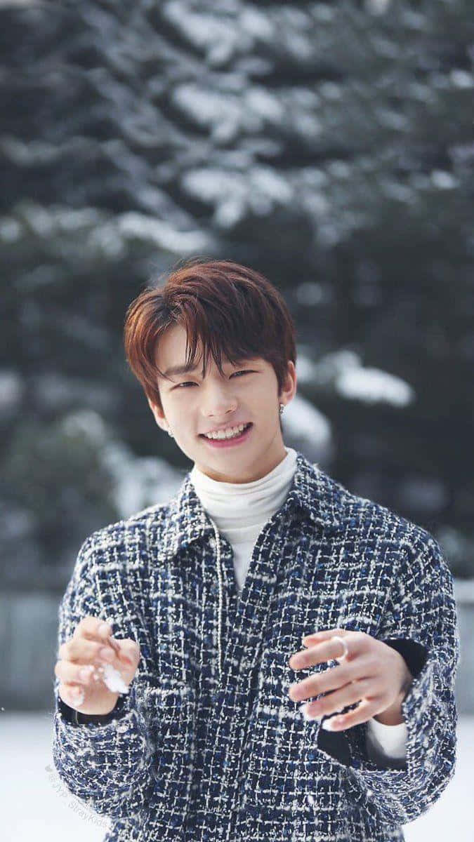 Hyunjin, snowy forest, snowflakes, SD Phone Wallpaper