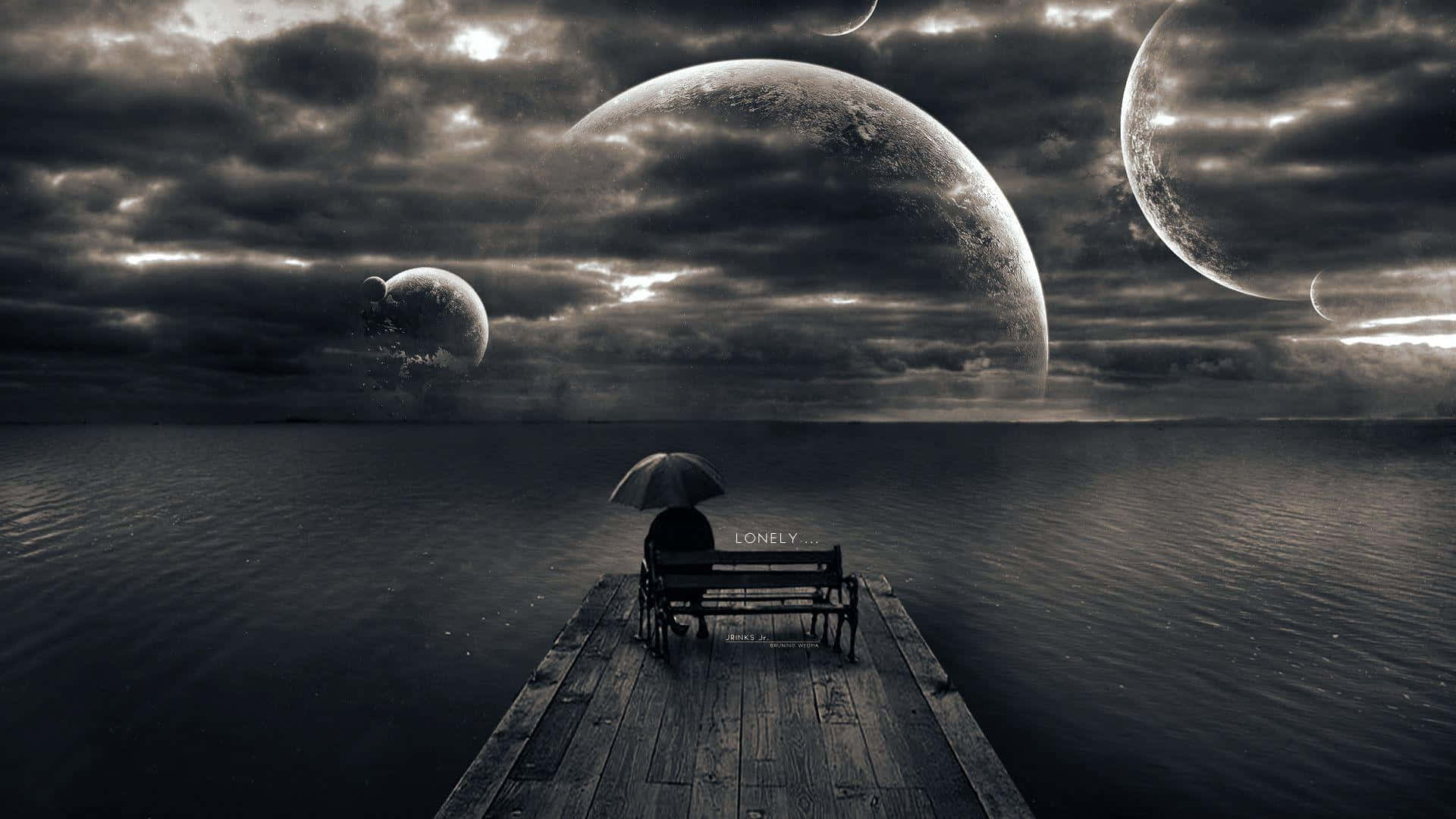 I Am Alone, umbrella, wooden pier, Full HD Desktop Wallpaper