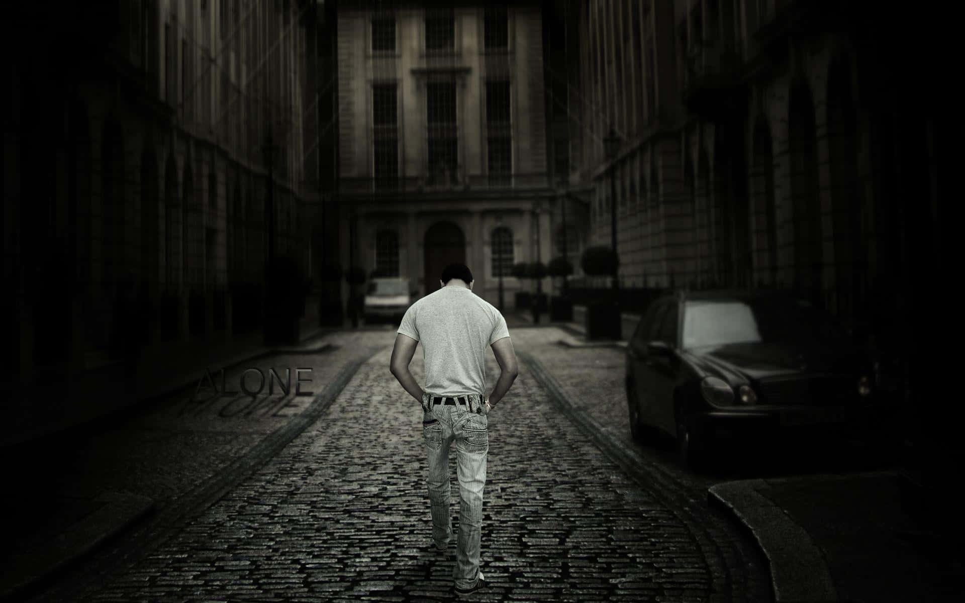 I Am Alone, narrow cobblestone alley, tall buildings, Full HD Desktop Wallpaper