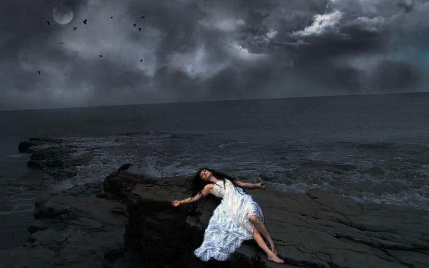 I Am Alone, white dress, rocky shore, HD Desktop Wallpaper