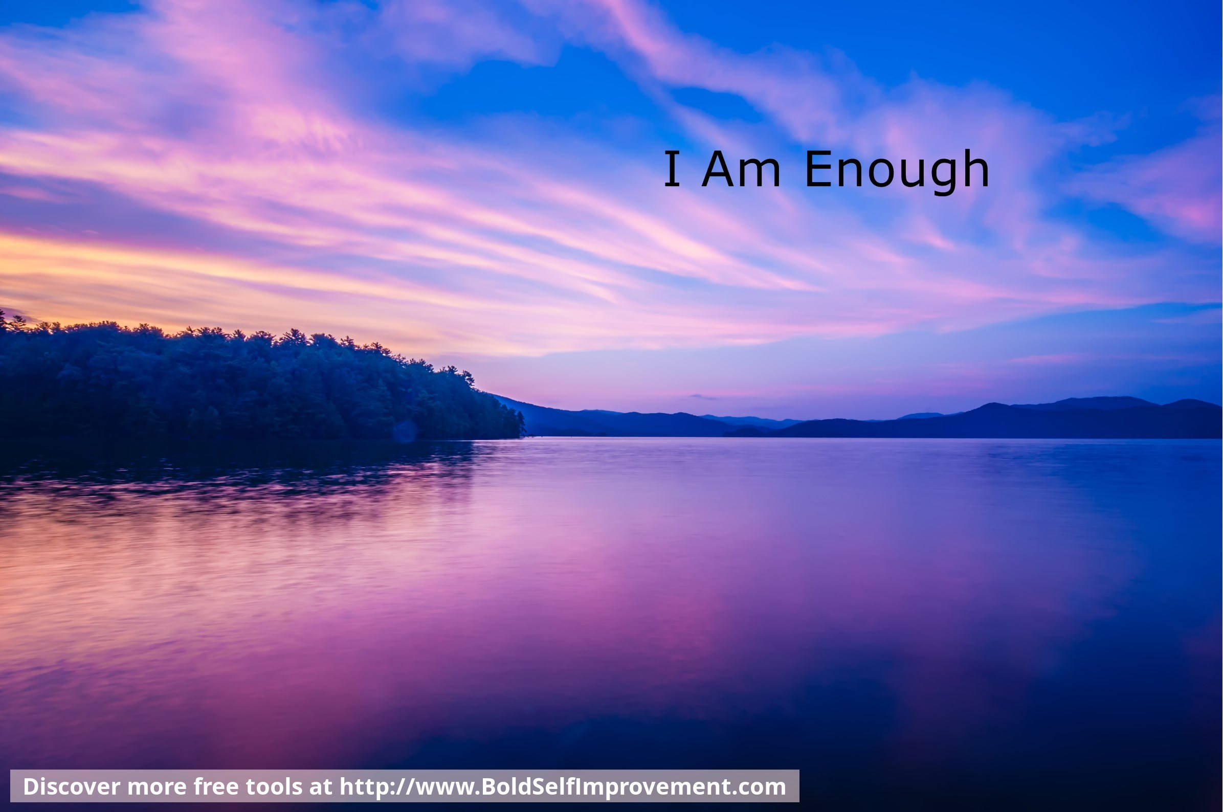 I Am Enough, vibrant purple and pink sunset, tranquil lake, Full HD Desktop Wallpaper