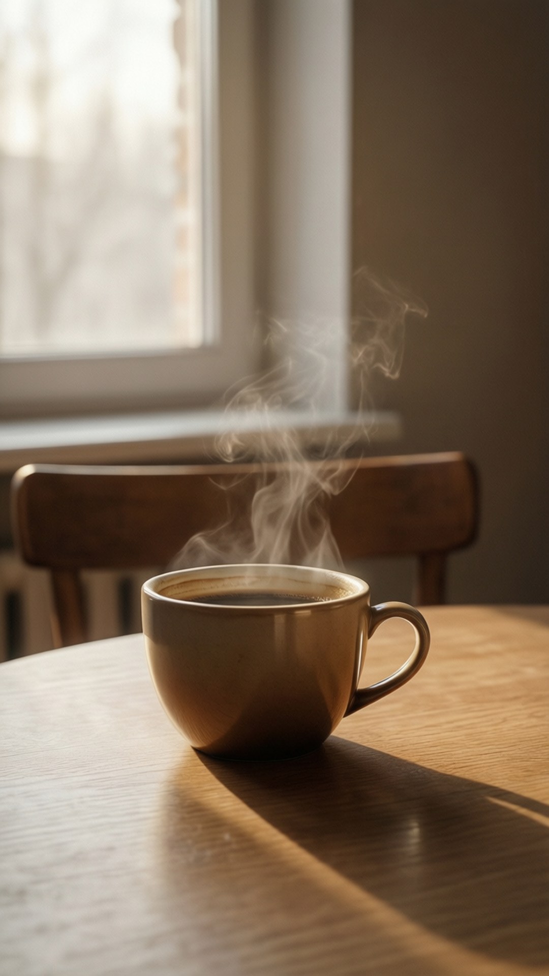 morning solo ritual, steaming cup of coffee, wooden table, Full HD Phone Wallpaper