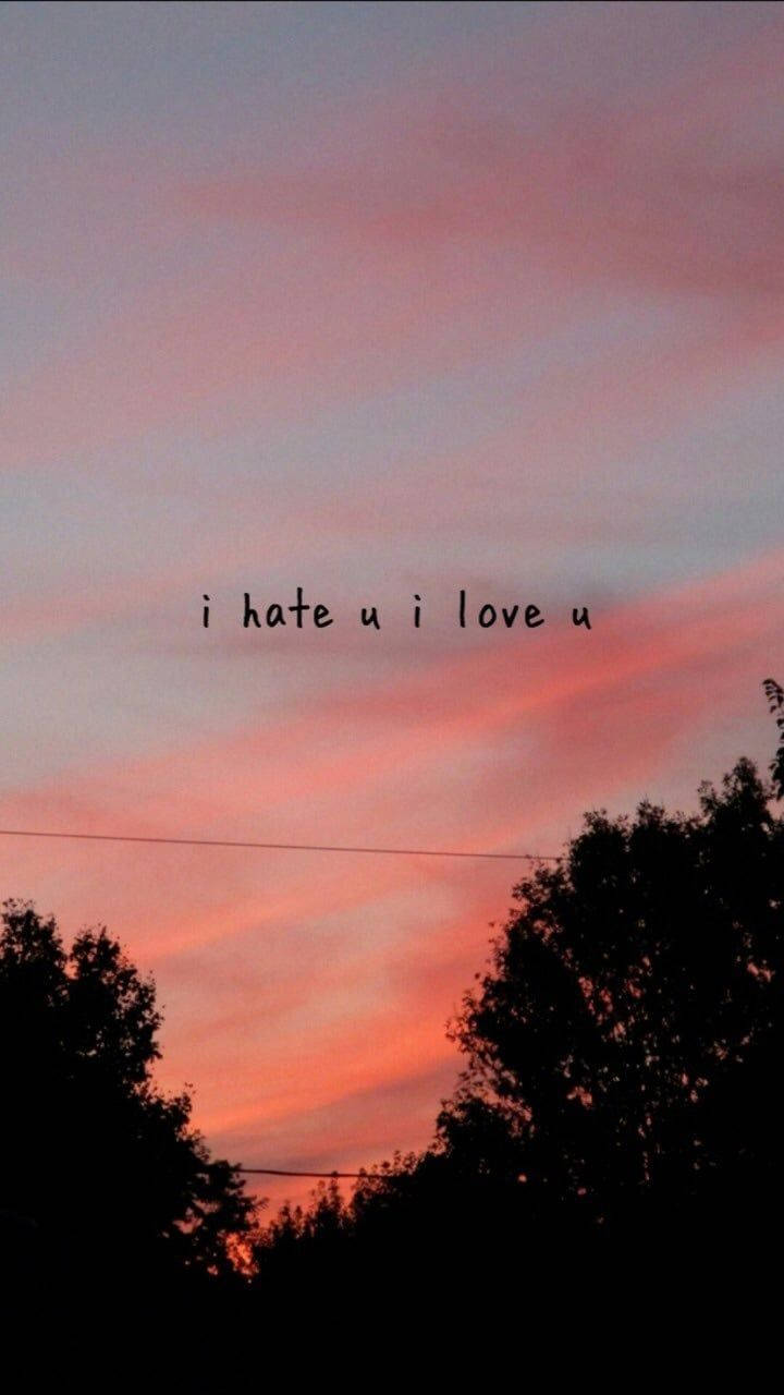 I Hate You I Love You, vibrant pink and orange sunset sky, silhouetted trees, HD Phone Wallpaper