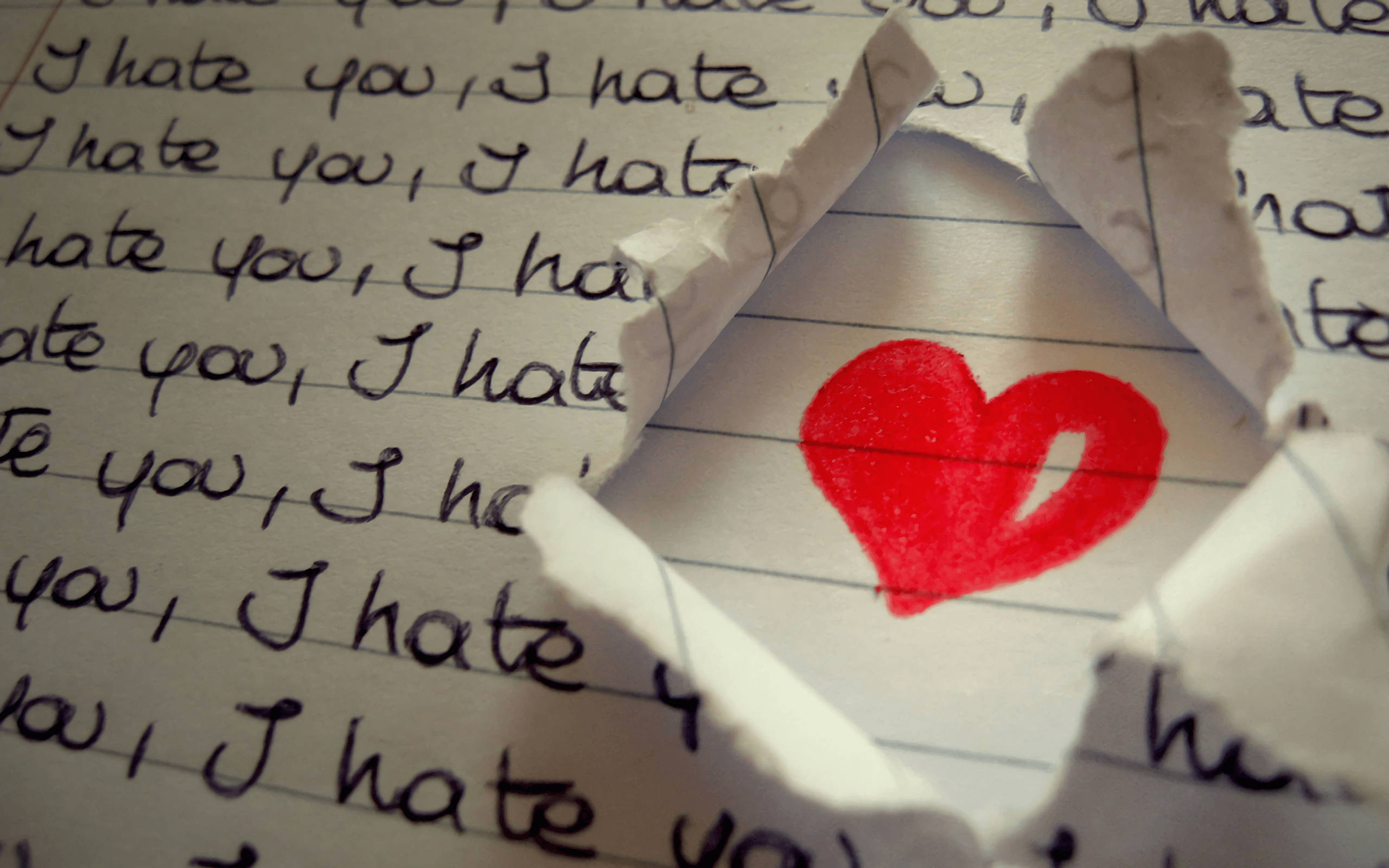 I Hate You, red heart, torn note, 2K Desktop Wallpaper