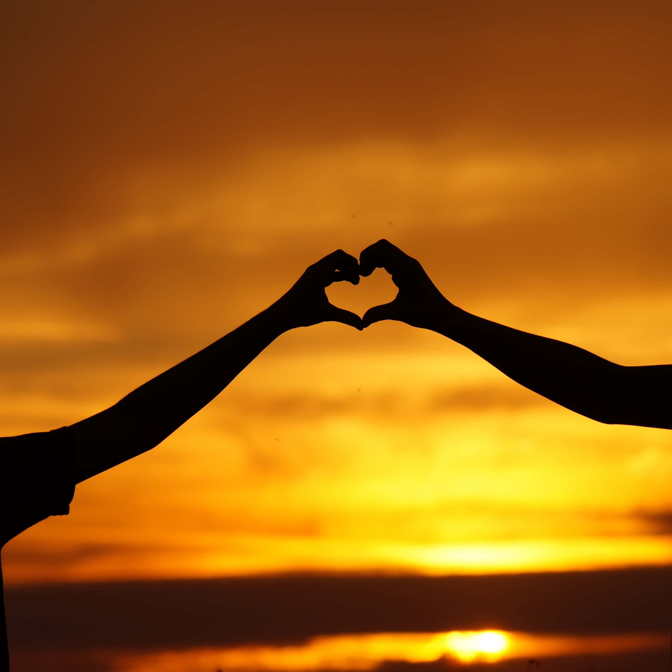 heart silhouette, vibrant orange sunset sky, two silhouetted hands, 2K Desktop Wallpaper