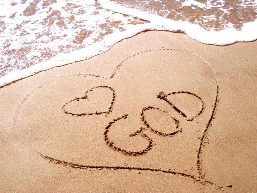 heart in sand, GOD, ocean waves, SD Desktop Wallpaper