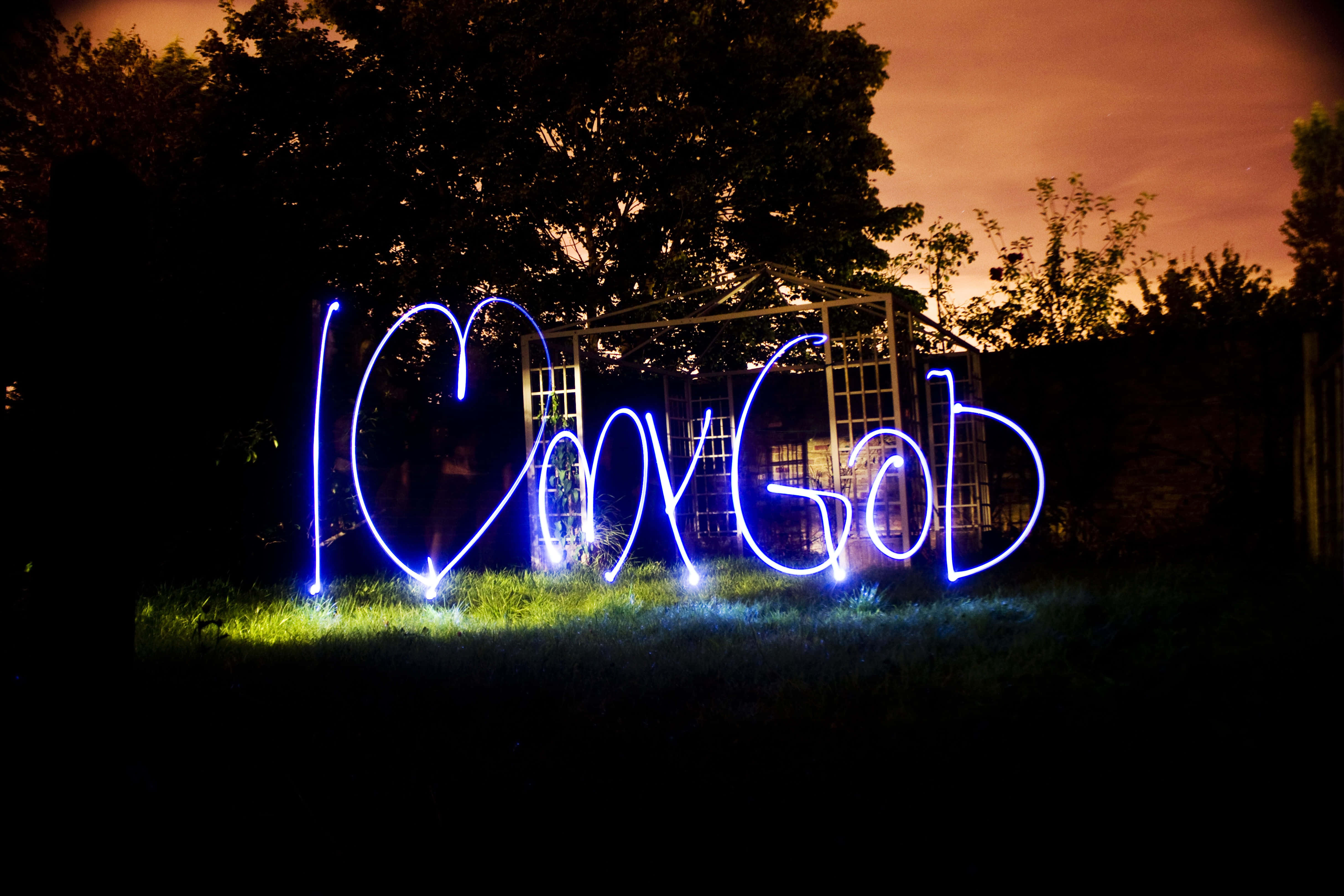 I Love God, glowing blue, grass, 4K Desktop Wallpaper