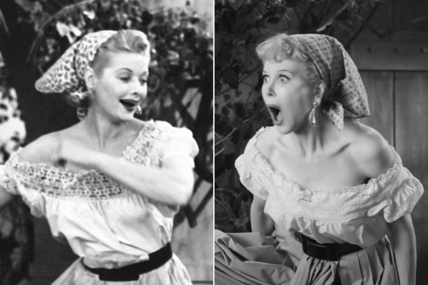 I love lucy, vintage off-shoulder dress, patterned headscarf, HD Desktop Wallpaper