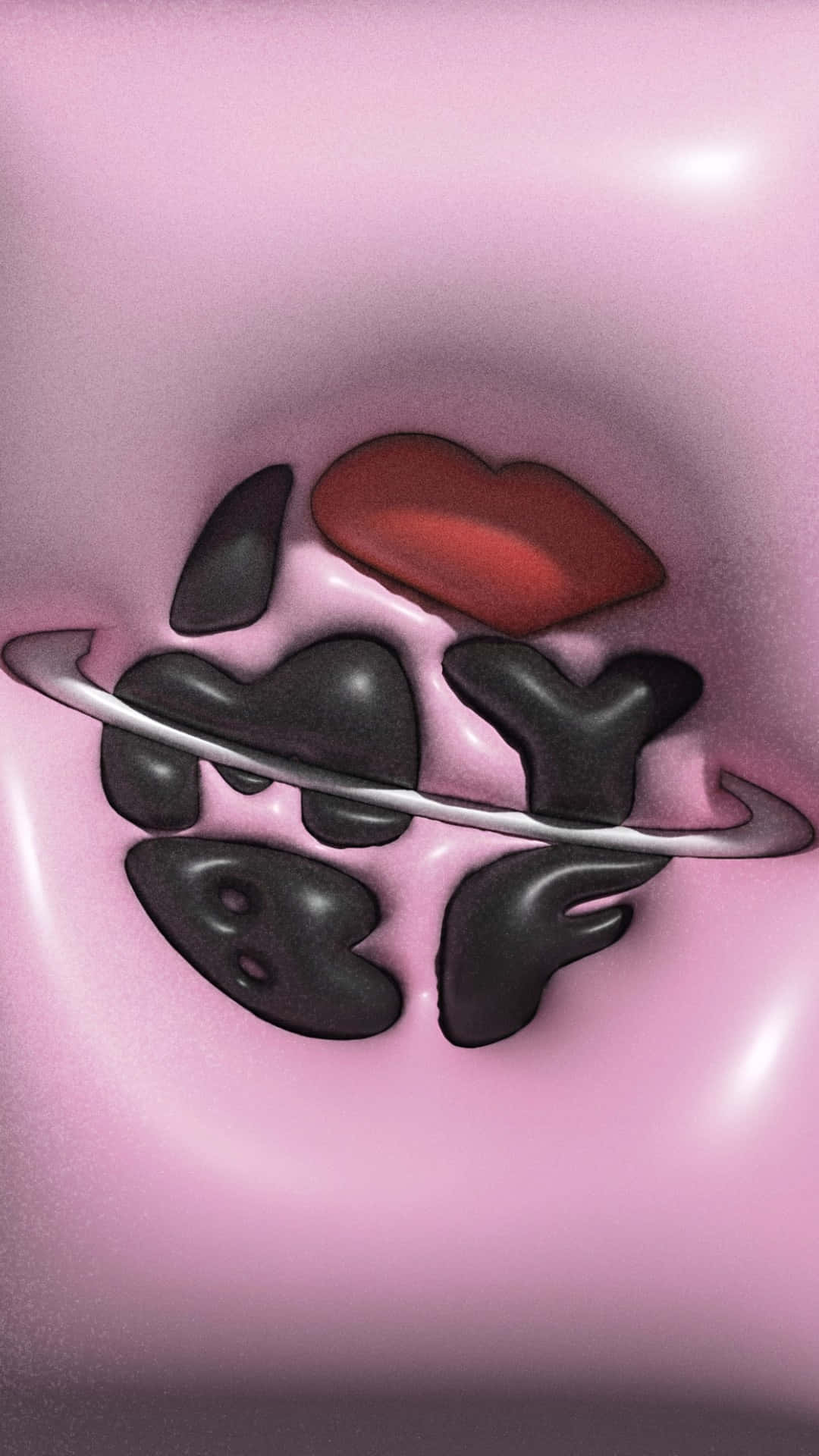 glossy pink surface, stylized black planet, red lips, Full HD Phone Wallpaper