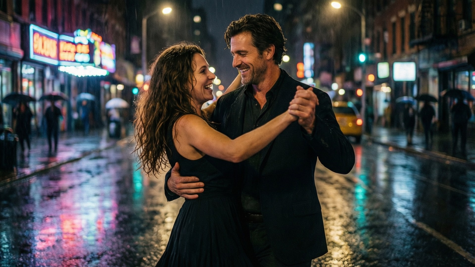 Rain Dance Love, neon-lit city, glowing reflections, Full HD Desktop Wallpaper