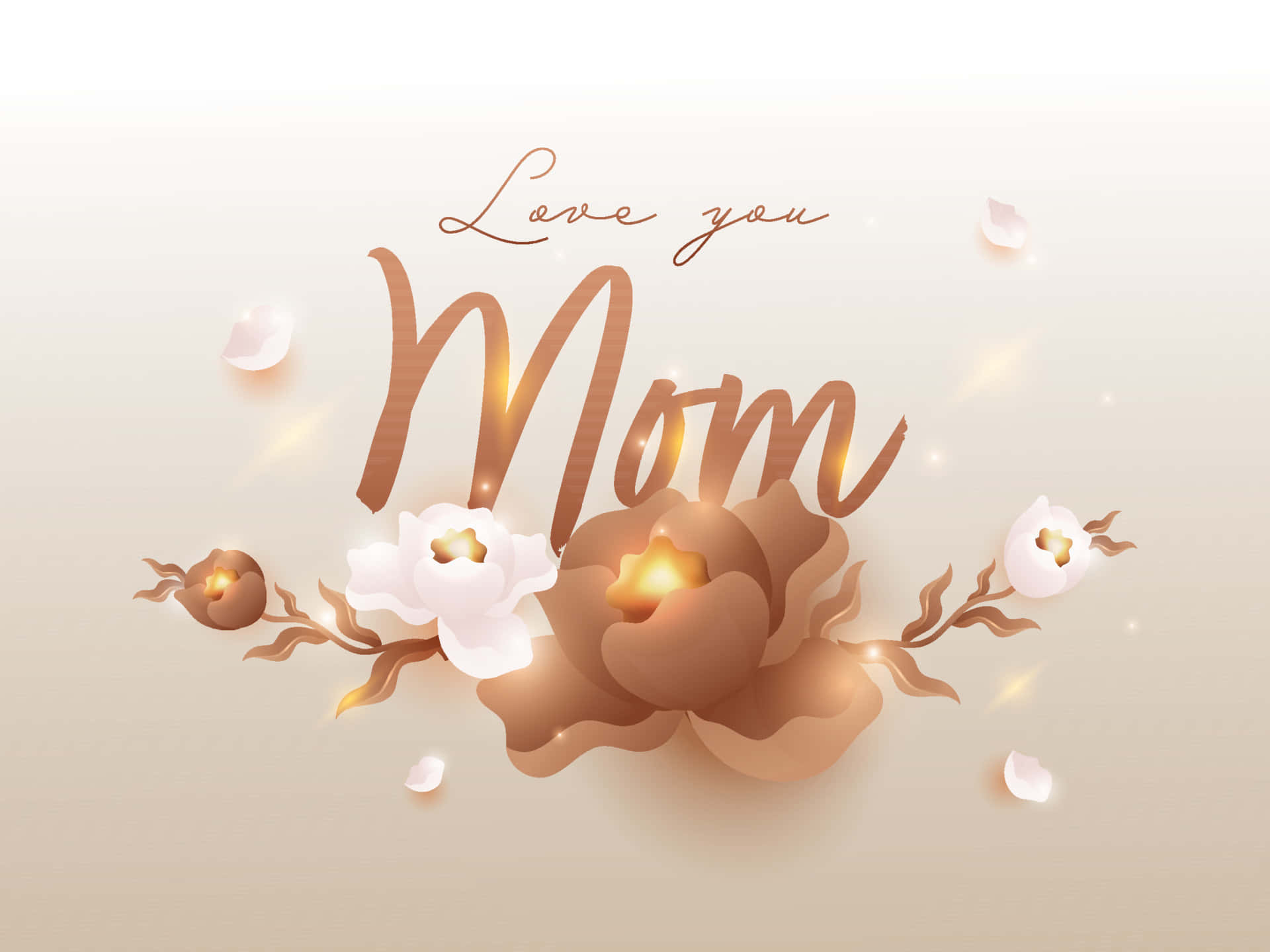 Love you Mom, golden glowing text, soft white and brown flowers, Full HD Desktop Wallpaper