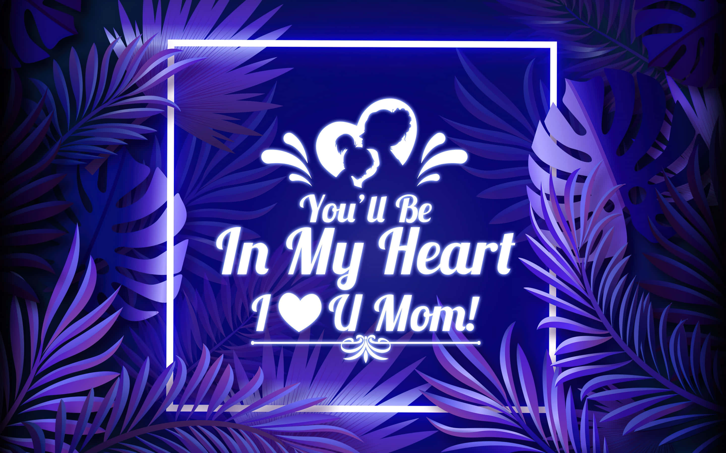 Mothers Day Love Heart Neon Sign, white neon frame, purple tropical leaves, 2K Desktop Wallpaper