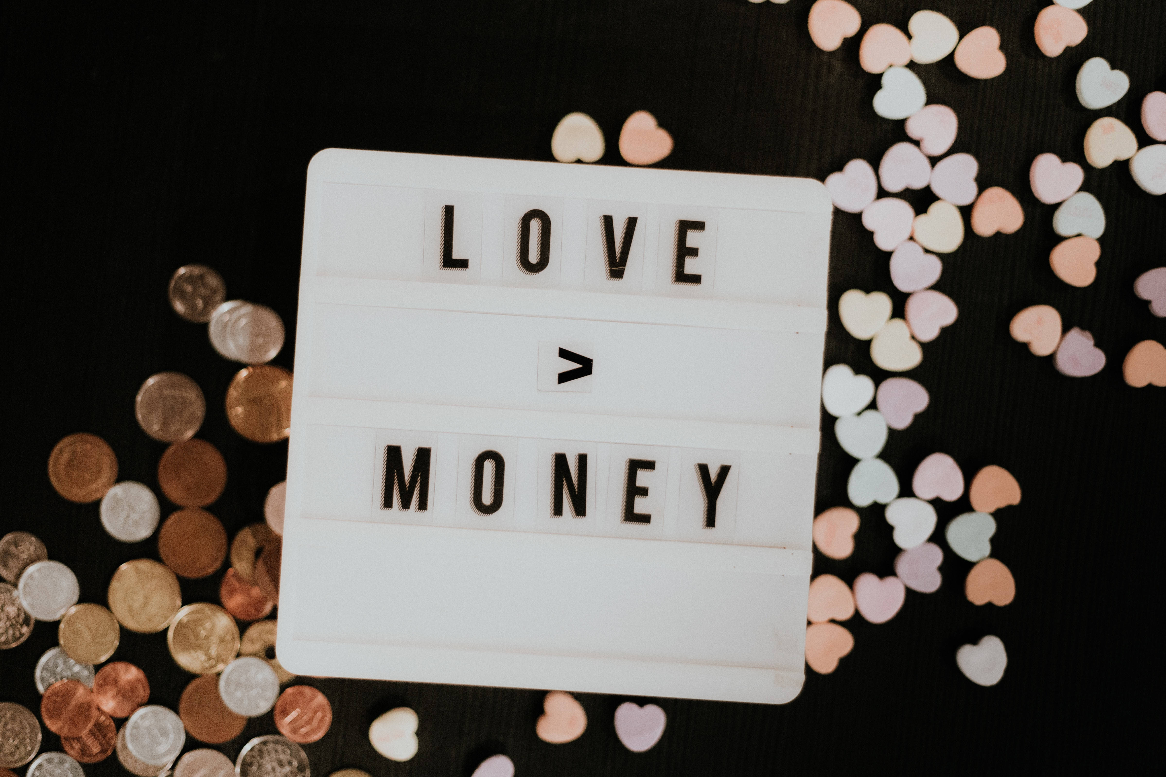 LOVE > MONEY, white lightbox, coins, 4K Desktop Wallpaper