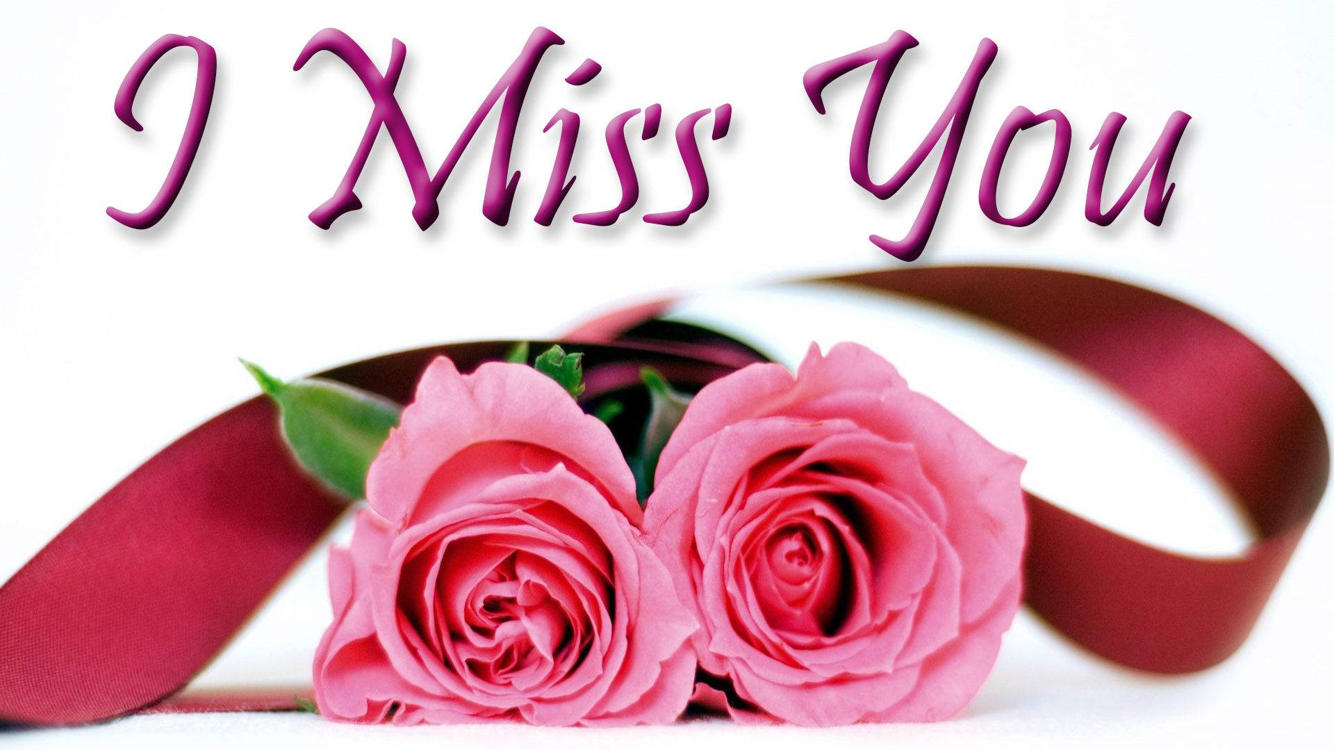 I Miss You, pink roses, red ribbon, Full HD Desktop Wallpaper