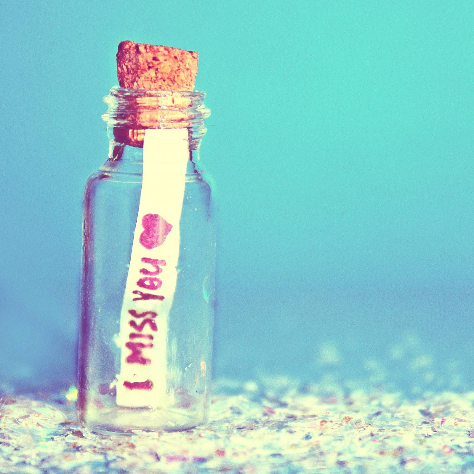 I miss you, clear glass bottle, cork stopper, HD Desktop Wallpaper