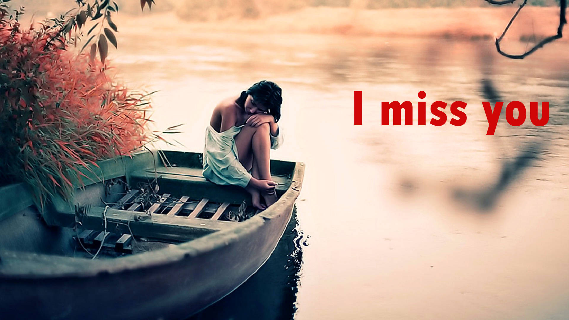 I Miss You In River, wooden boat, calm water, Full HD Desktop Wallpaper