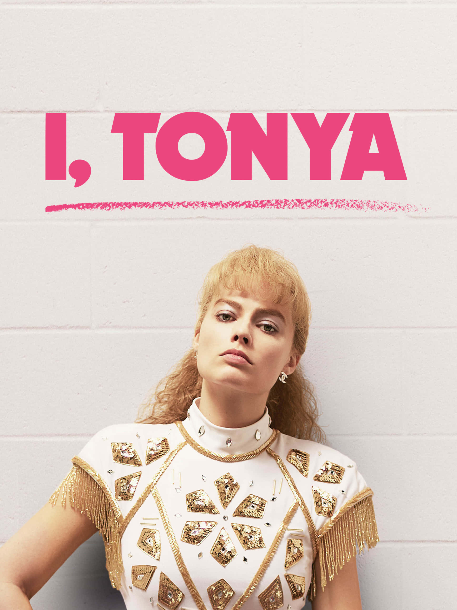 I Tonya, white and gold sequined figure skating costume, white brick wall, 2K Phone Wallpaper