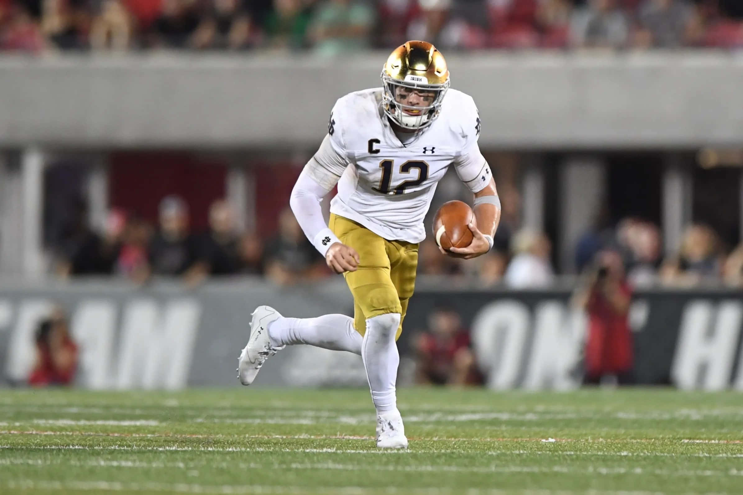 Ian Book, white and gold uniform, stadium lights, Full HD Desktop Wallpaper