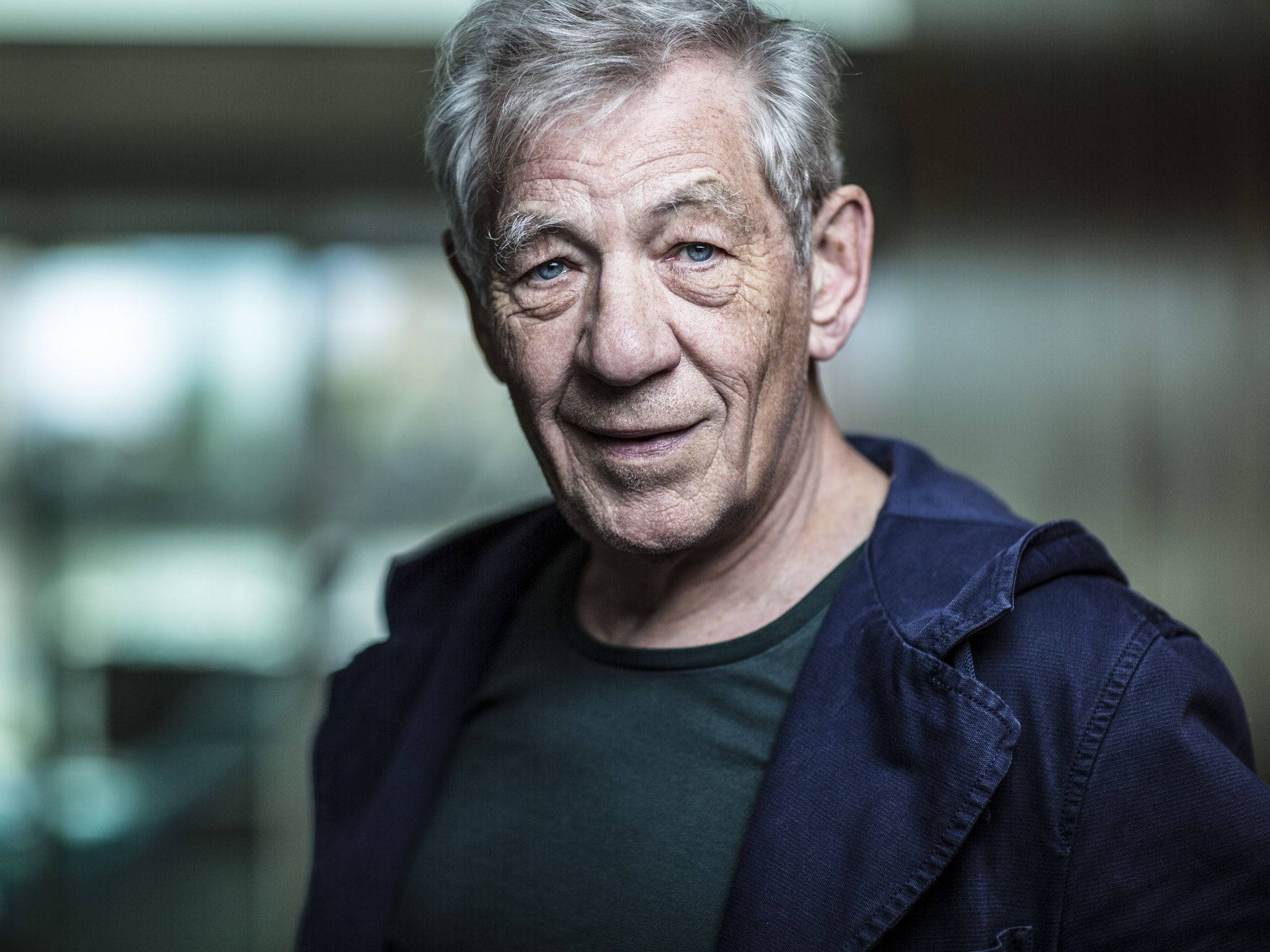 Ian McKellen, gray hair, blue eyes, Full HD Desktop Wallpaper