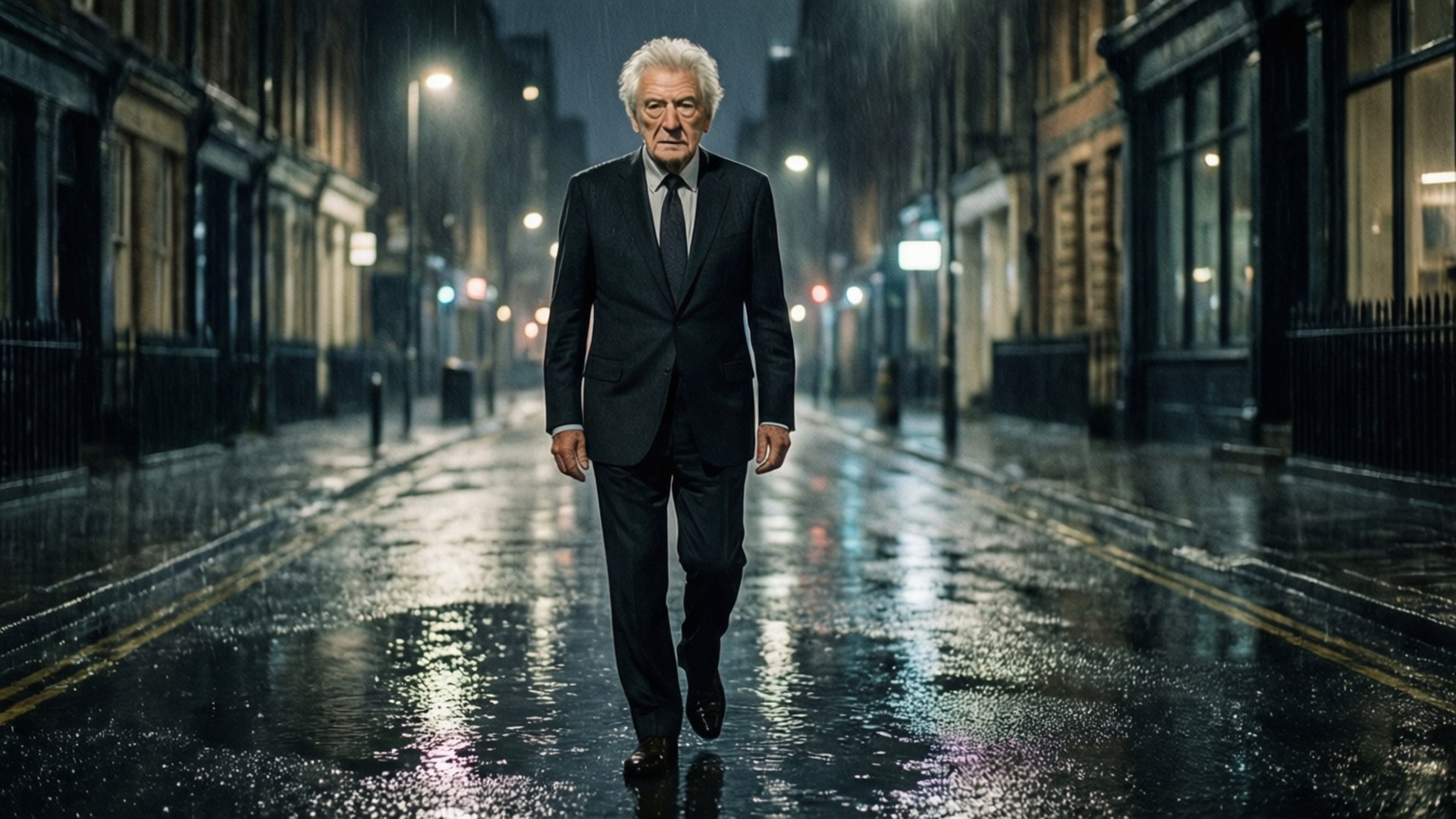 Ian McKellen, suit, rainy city, Full HD Desktop Wallpaper