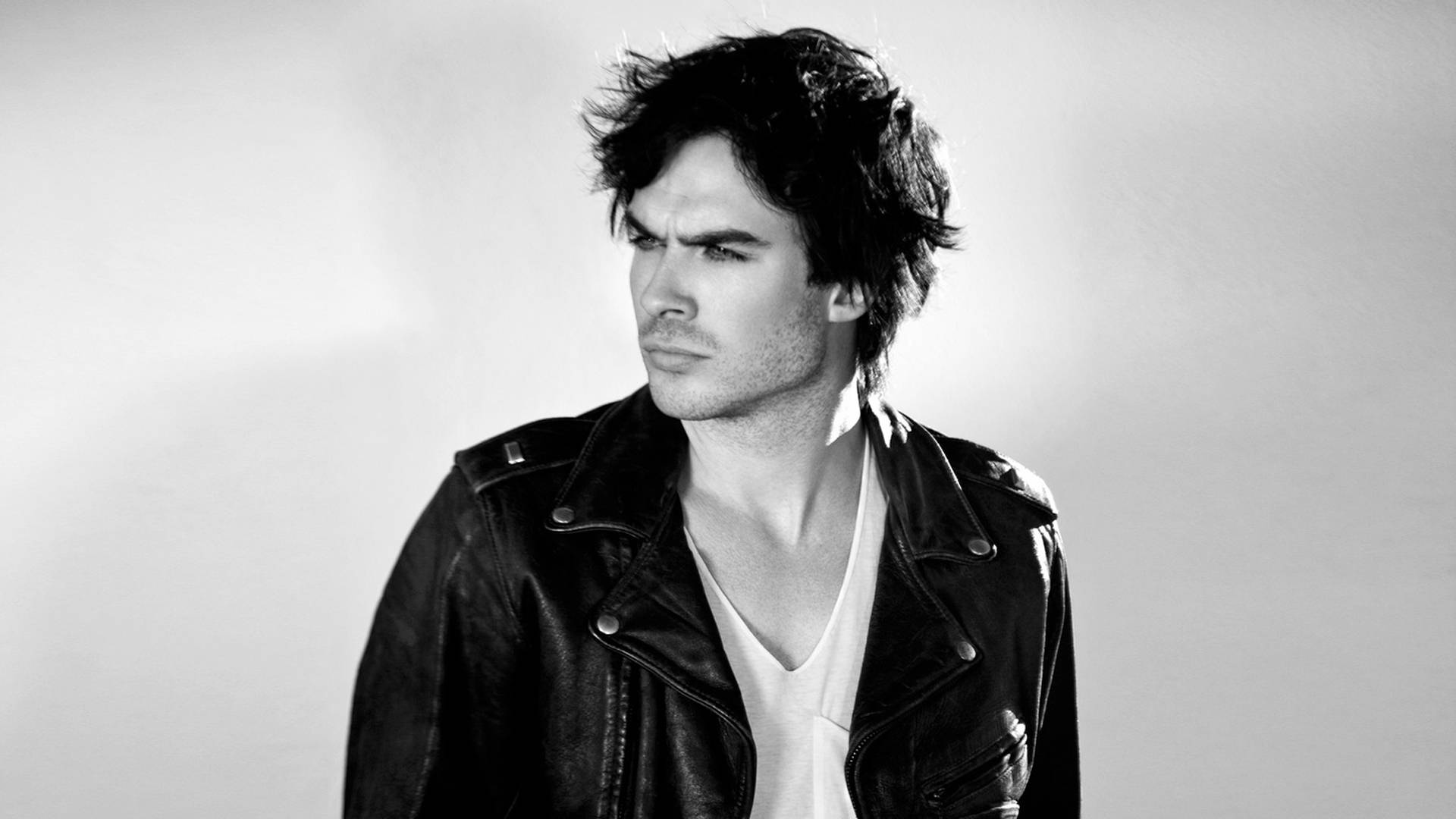 Ian Somerhalder, black and white portrait, leather jacket, Full HD Desktop Wallpaper