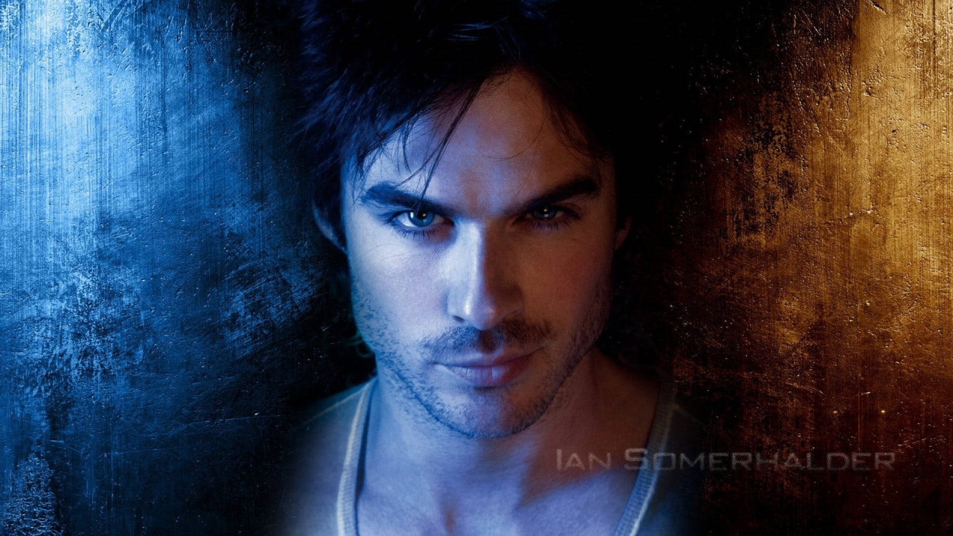 Ian Somerhalder, two toned, textured blue and gold wall, Full HD Desktop Wallpaper