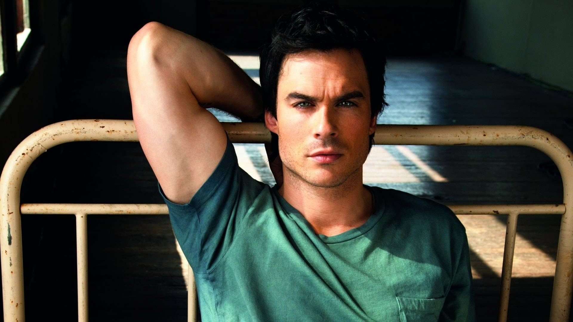 Ian Somerhalder, green t-shirt, rusted metal bed frame, Full HD Desktop Wallpaper