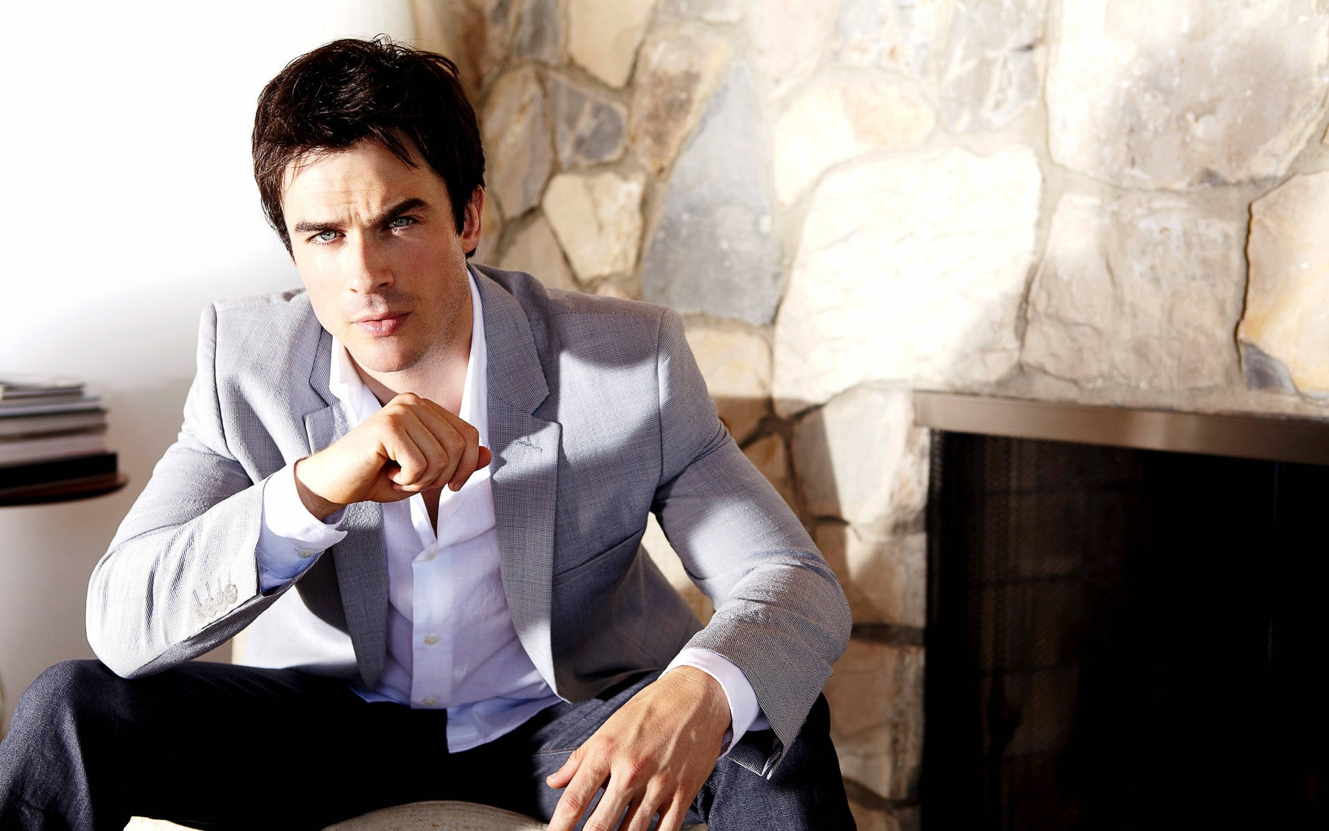 Ian Somerhalder, gray tuxedo, stone fireplace, Full HD Desktop Wallpaper