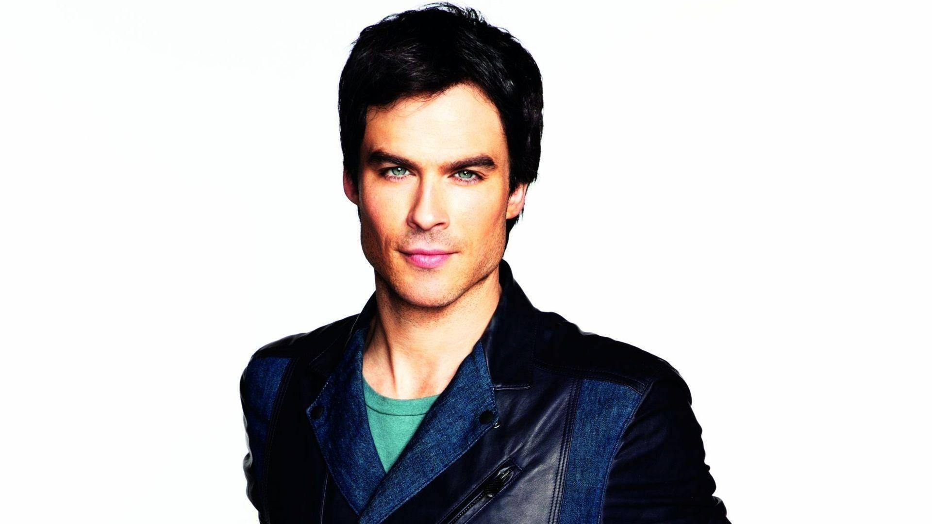 Ian Somerhalder, denim and leather jacket, stark white background, Full HD Desktop Wallpaper