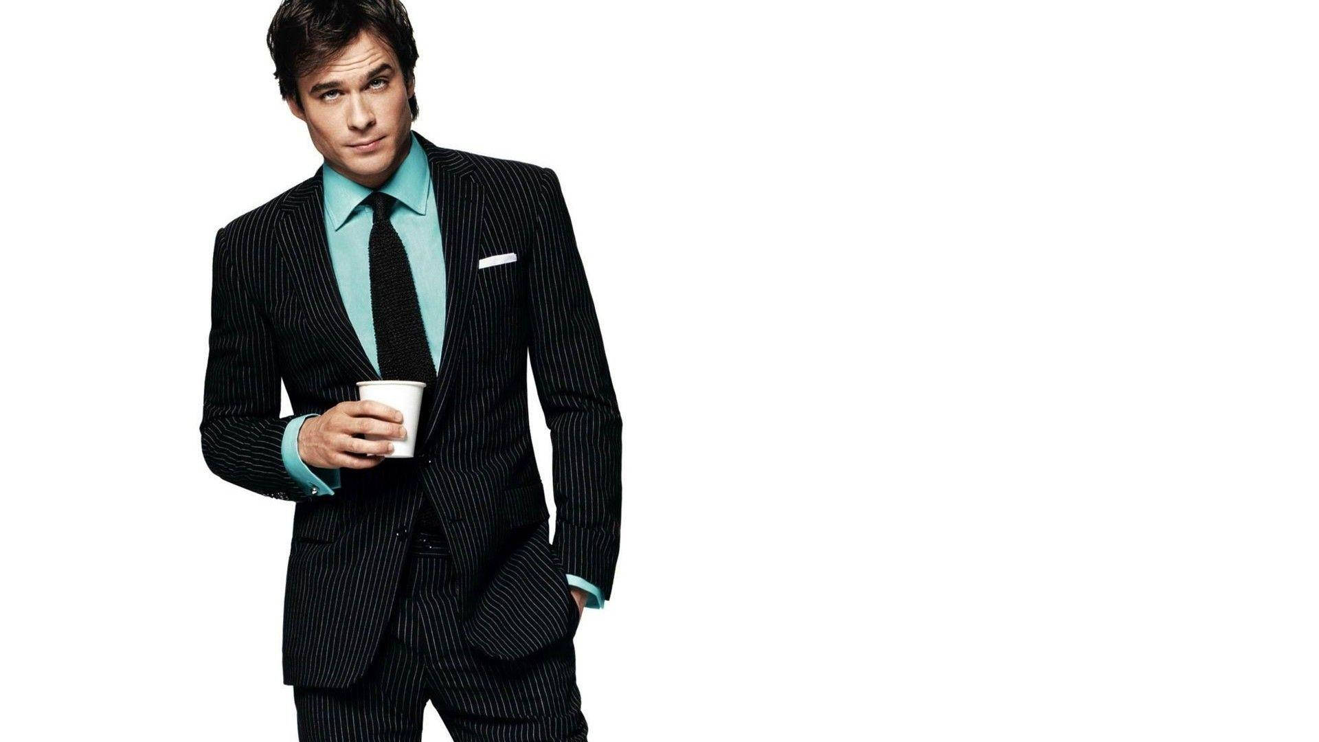 Ian Somerhalder, black pinstripe suit, teal shirt, Full HD Desktop Wallpaper