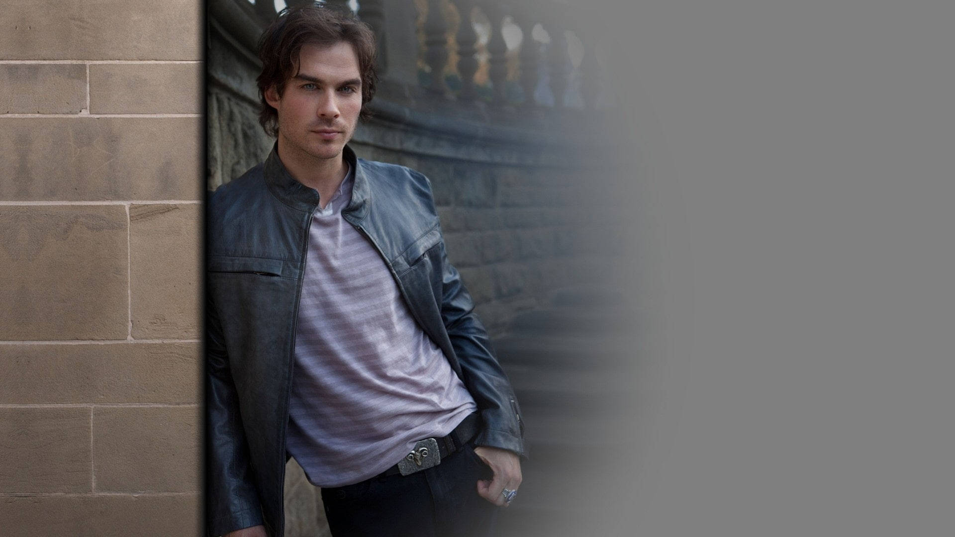 Ian Somerhalder, leather jacket, stone wall, Full HD Desktop Wallpaper