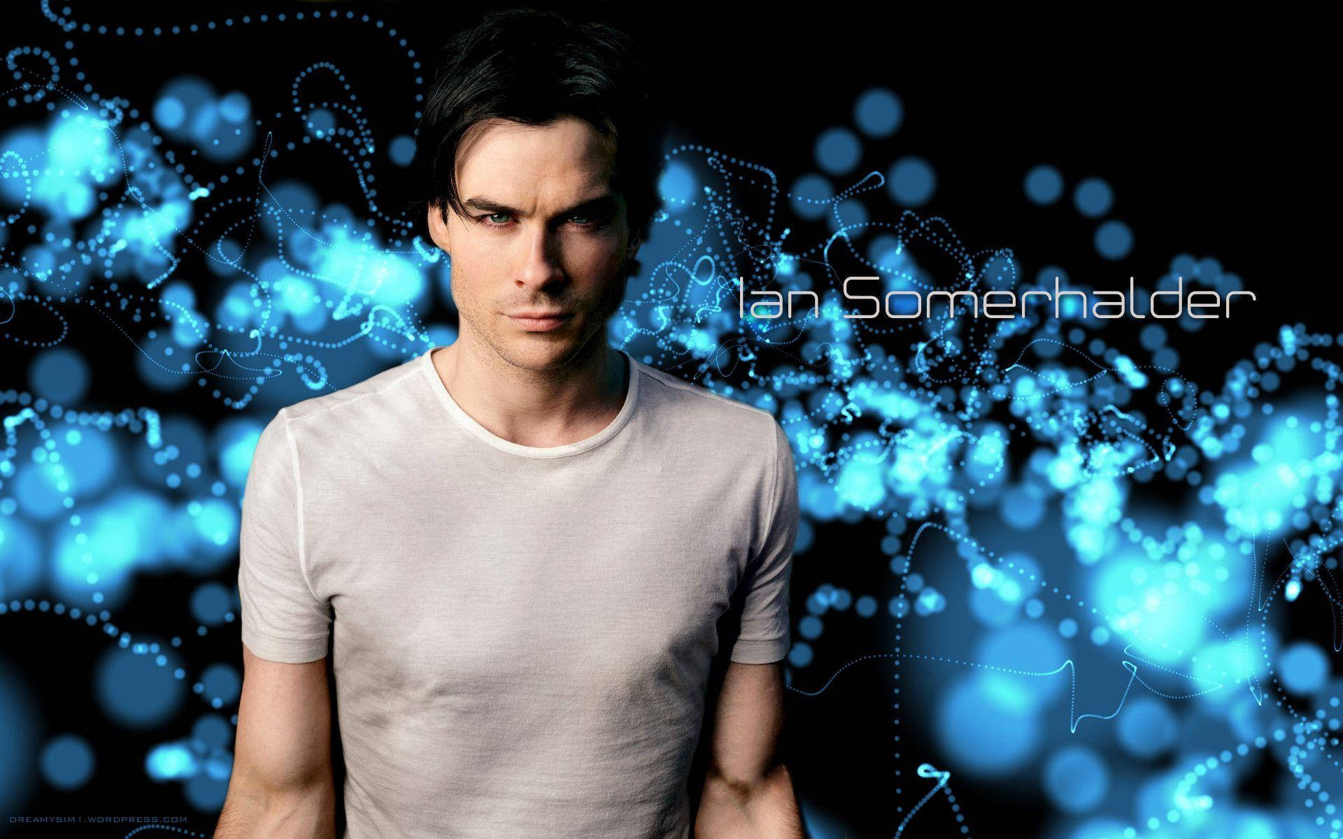 Ian Somerhalder, glowing blue particle background, swirling light trails, Full HD Desktop Wallpaper