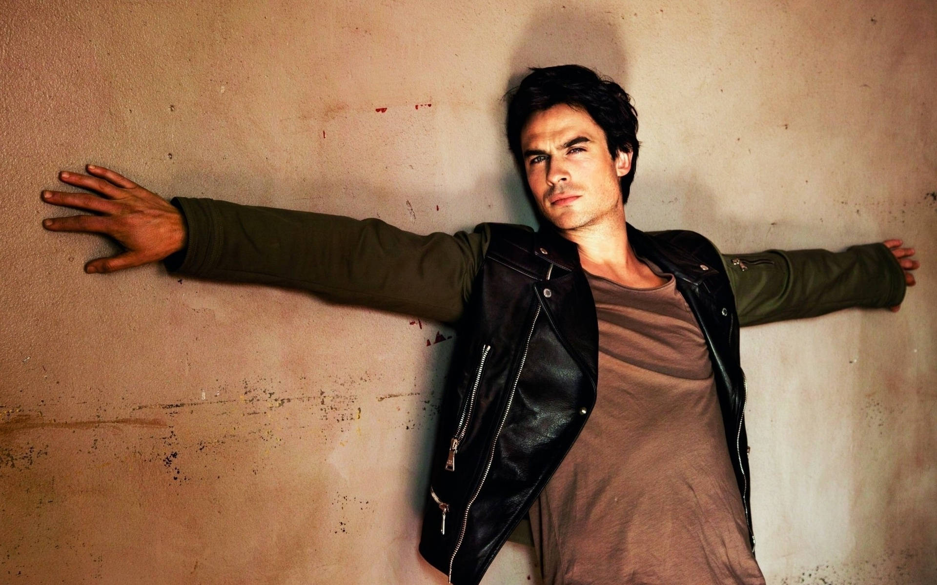 Ian Somerhalder, black leather jacket, textured beige wall, Full HD Desktop Wallpaper