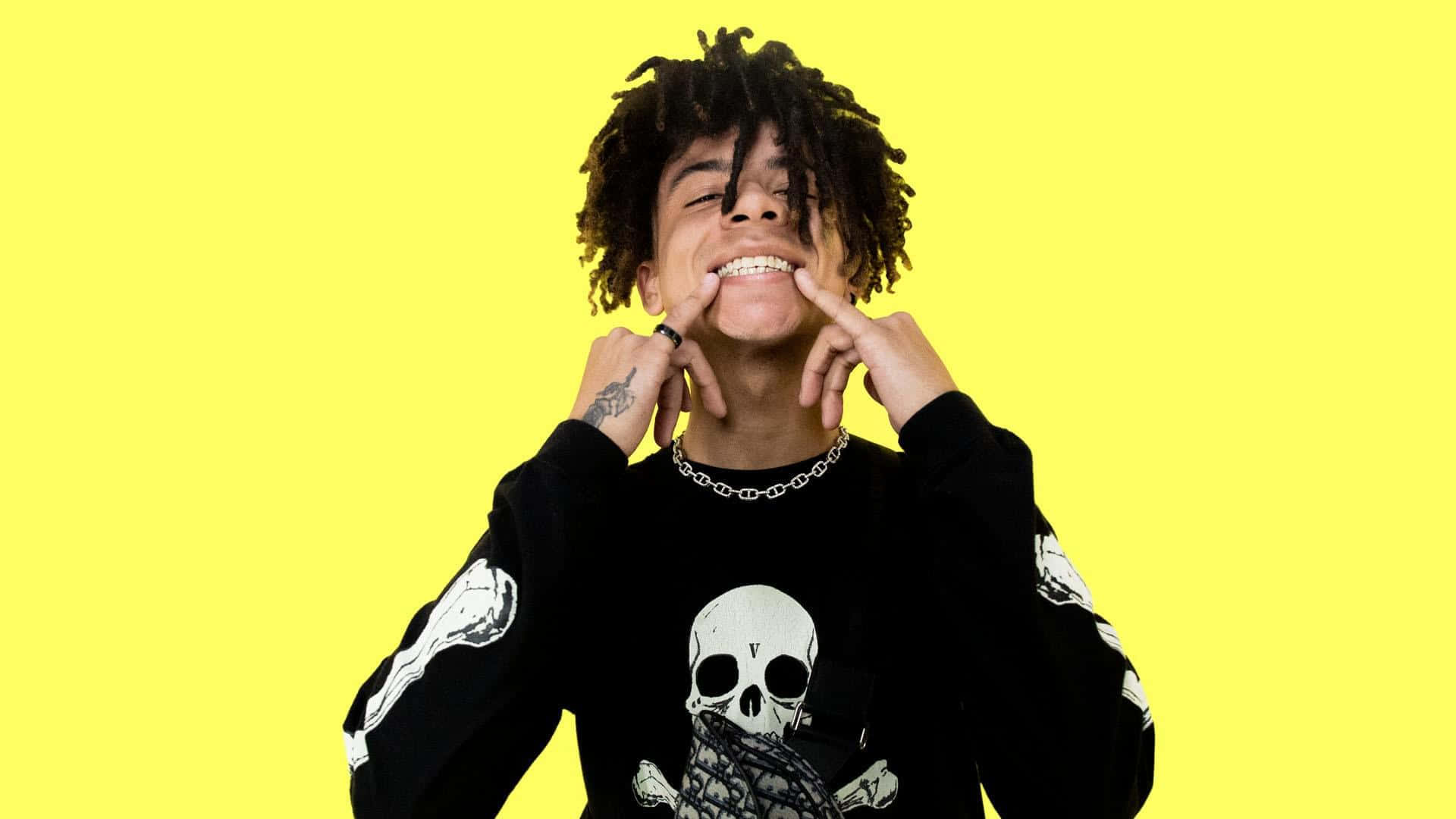 Iann Dior, curly hair, bright yellow background, Full HD Desktop Wallpaper