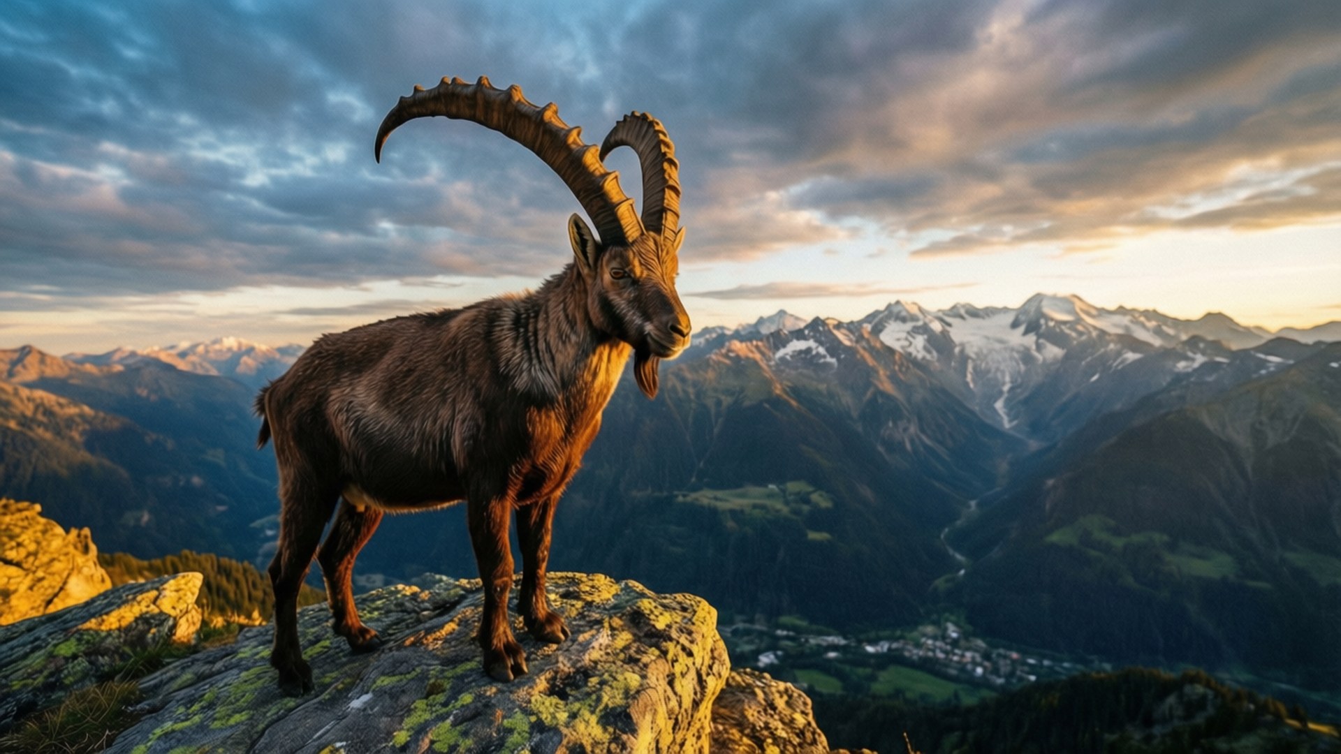 Golden Ibex, dawn, sunlit mountain peak, Full HD Desktop Wallpaper