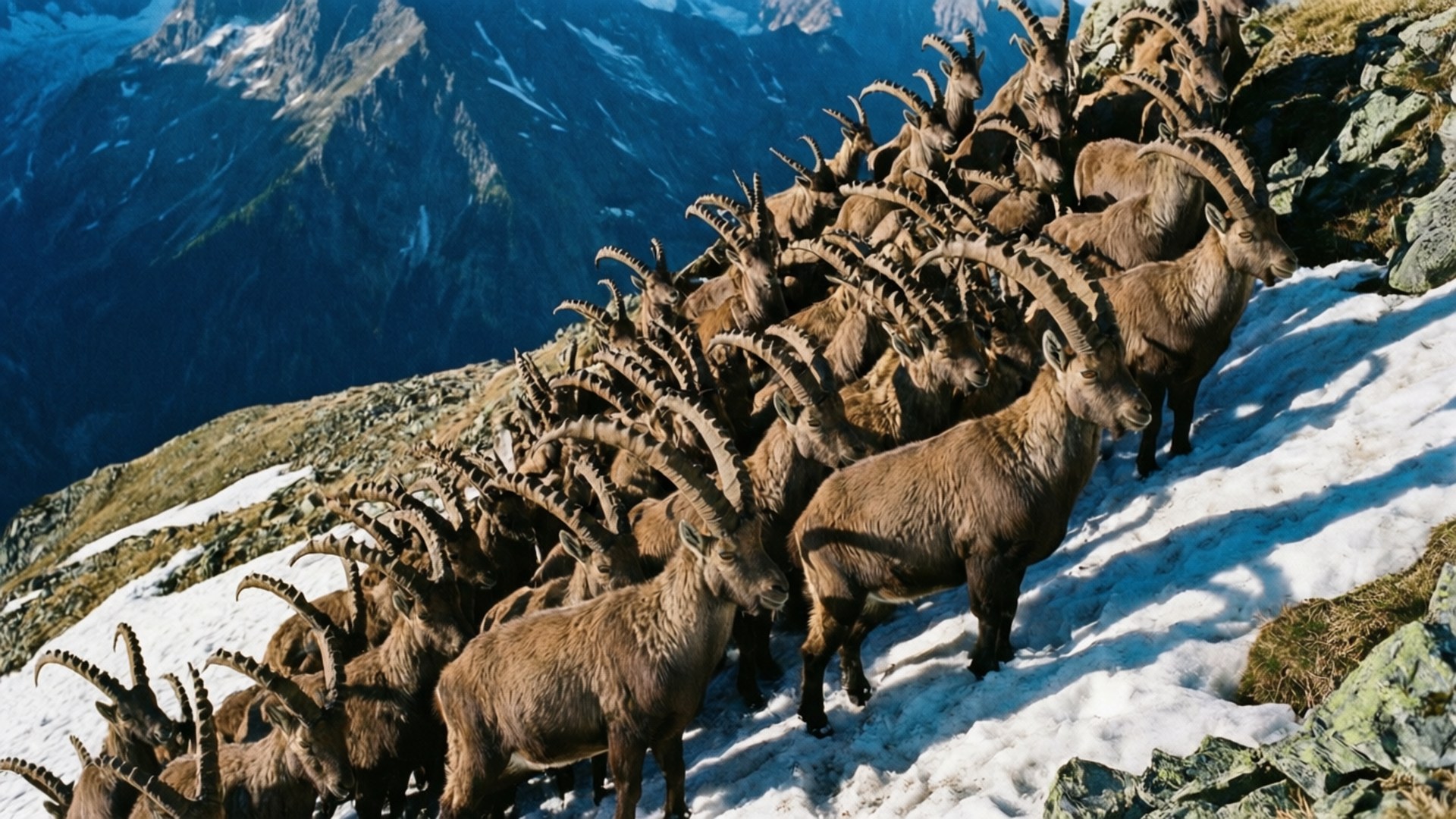 ibex herd, steep snowy mountain slope, mountain slope, Full HD Desktop Wallpaper